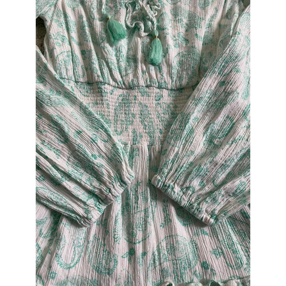 House of Harlow 1960 Paisley Long Sleeve Ruffle Smocked Mini Dress Mint Green S - Picture 5 of 9